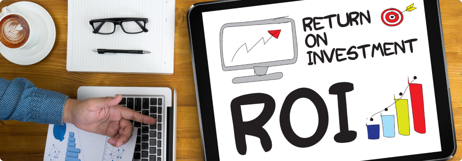 Picture showing a tablet and a presentation with the title return on investment ROI