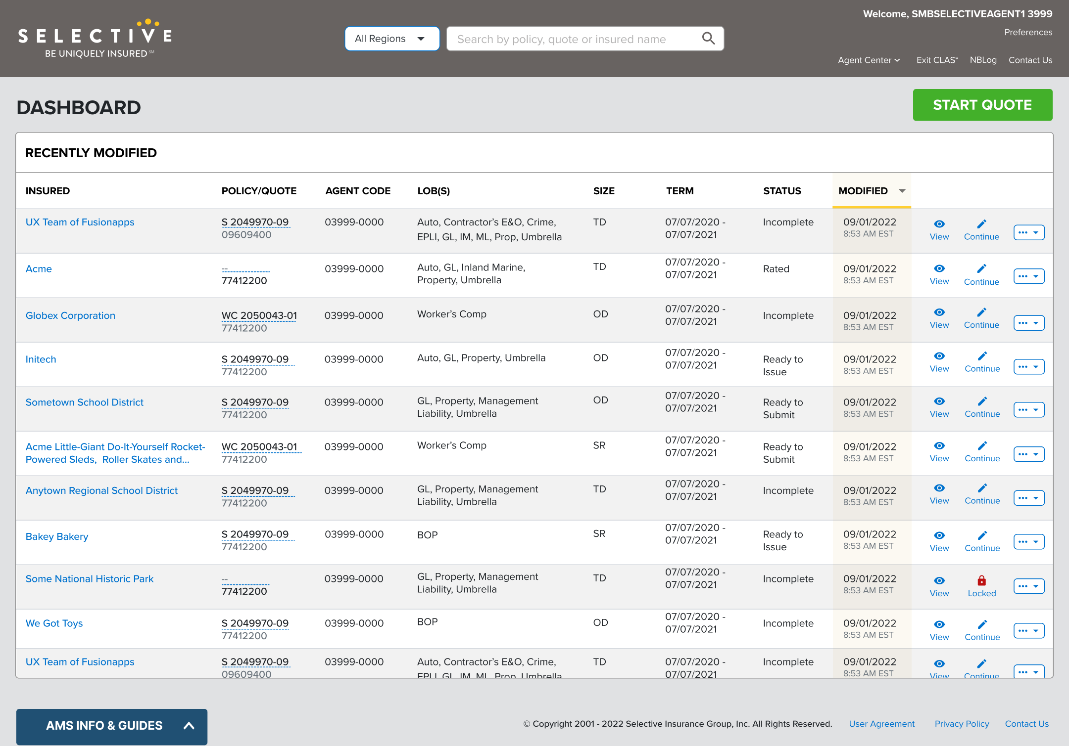 Selective Insurance quoting "Dashboard"