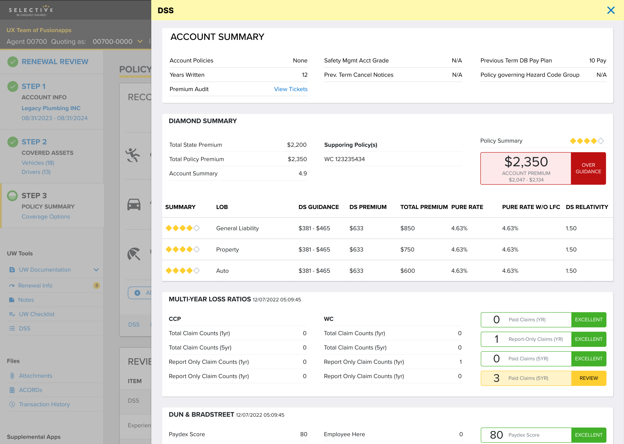 Selective insurance quoting decision support screen