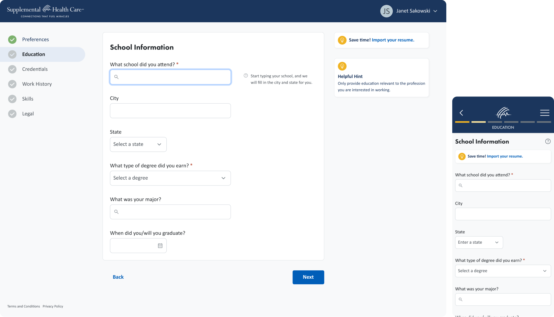 The first screen of the education section contains a form to enter school name, city, state, degree earned, major, and graduation date.