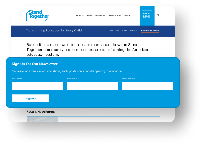 Stand together education campaign screen highlighting the newsletter form