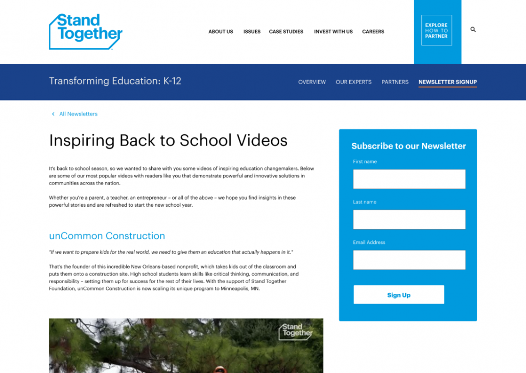 newsletter web signup screen for Stand together education campaign