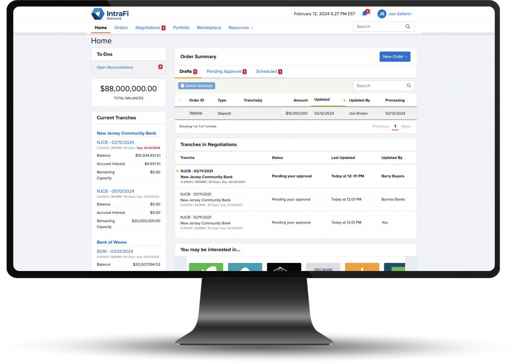 IntraFi network screen. Home with order summary, negotiations and to-do's list