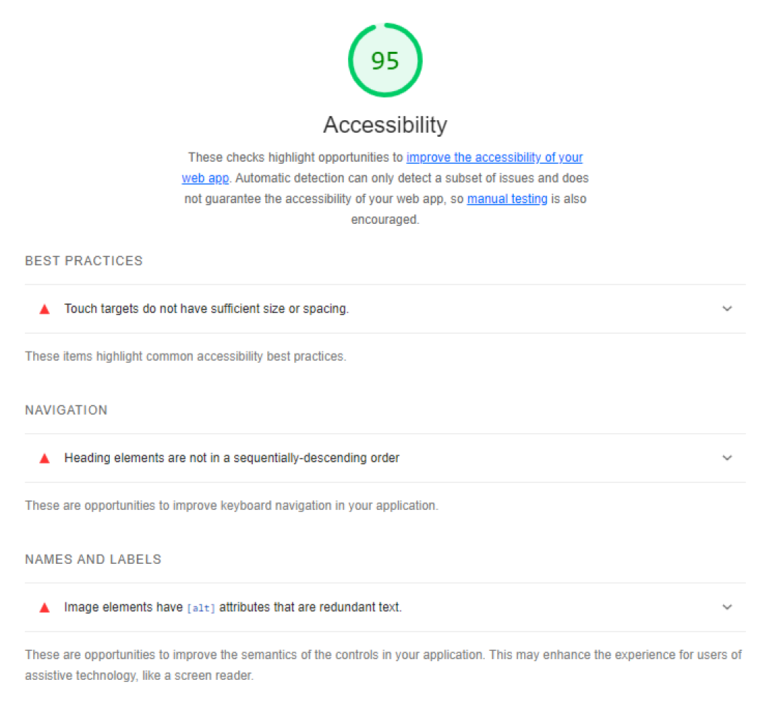 A screenshot of digital accessibility results from Chrome's lighthouse extension. First, an accessibility score is given. Second, is a list of items that need attention, sectioned by best practices, navigation, and names and labels.