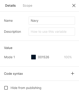 Figma variable details panel where you can provide a description for use.