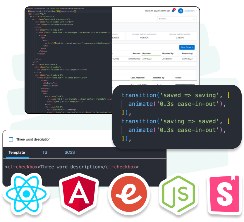 Three screenshots of code examples used by software developers. Under the screenshots are logos for programming languages we use in our UX-powered software development: React, Angular, Ember, and Node, along with an icon for Storybook.