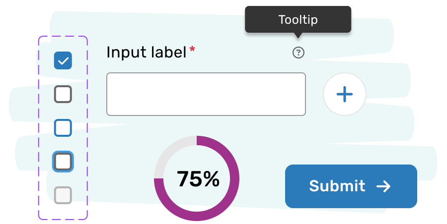 A sample of items in a component library. On the left is the checkbox component with variants for five different states. To the right is an empty input field titled "Input label," an asterisk indicating it's required, and a tooltip displaying above a question mark icon. Underneath the input is a pie chart at 75% using the accent pink color and a button in primary blue labeled "Submit" with a right arrow icon.