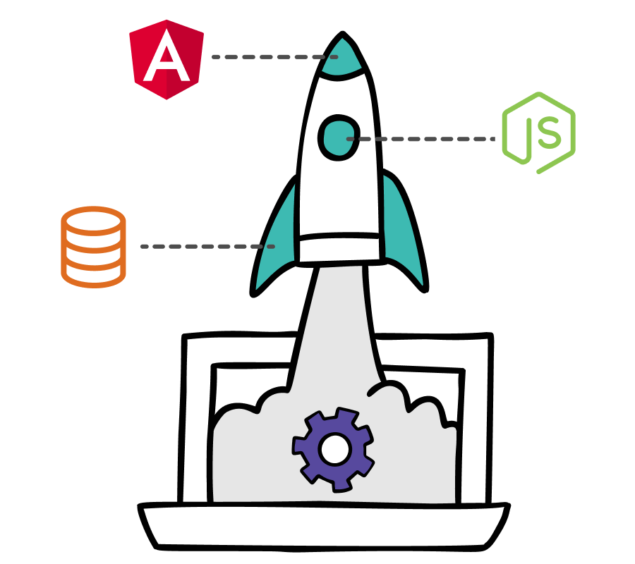 A rocket ship launching out of a laptop screen with front and back-end framework icons representing parts of software development.