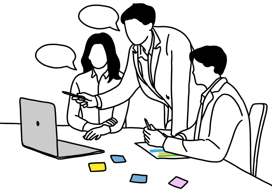 An illustration of a team of women and men sitting and standing around a table discussing a project. On the table are a computer and Post-it notes, suggesting supporting documentation.