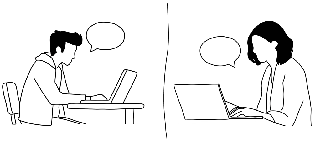 On the left is a man sitting at a table with a laptop, and on the right is a woman sitting at a table with a computer. A divider line separates the people, and each has chat bubbles demonstrating a conversation during a remote moderated usability test.