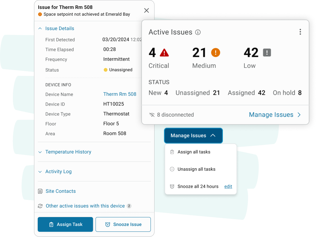 The Issues widget displays total counts for issue priorities (Critical, Medium, Low) and statuses (New, Unassigned, Assigned, On hold). A modal with detailed information for the issue includes issue details, history, activity log, and other active device issues with the device.