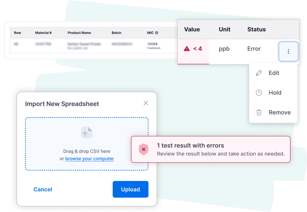 Users can import a new spreadsheet with drag and drop. An imported record with an error message displayed in red with a warning icon with options to edit, hold, or remove the record.