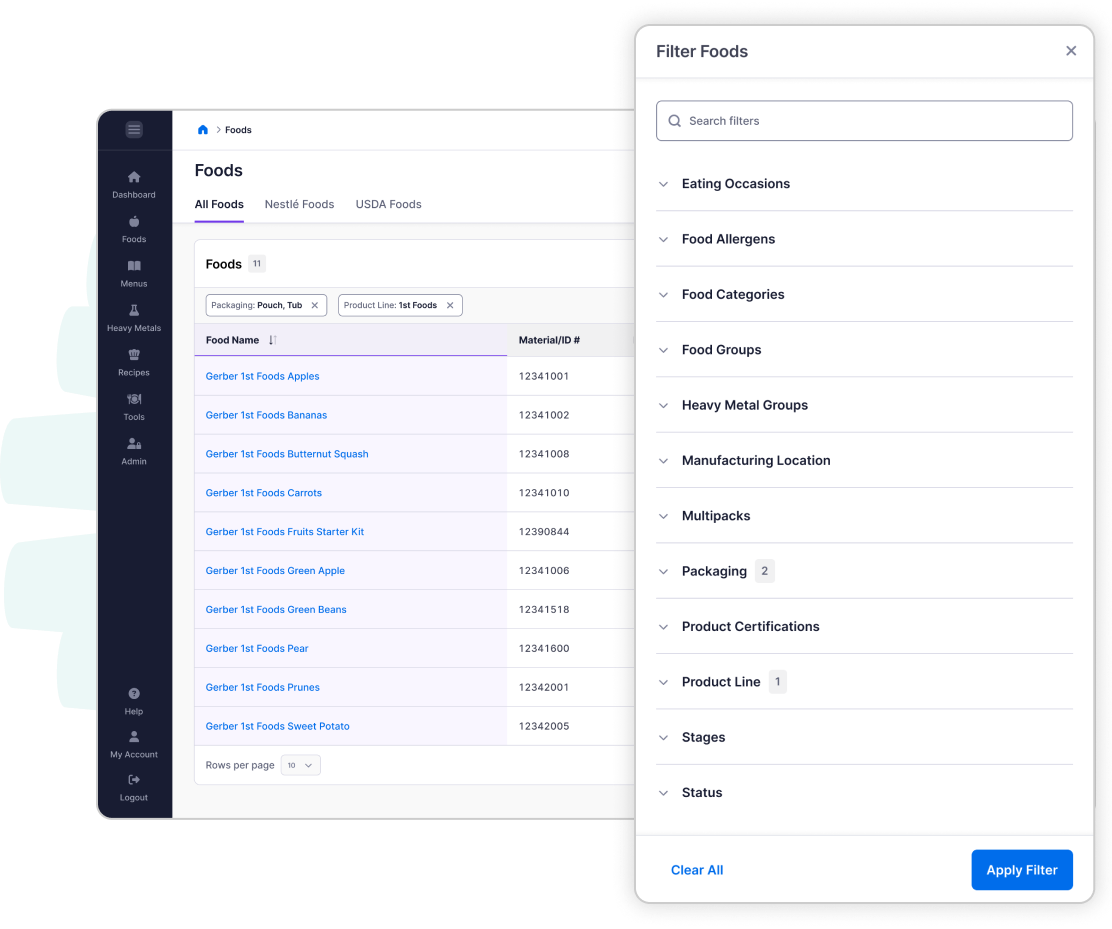 Filters modal sliding in from the right, overlaying the dashboard with search functionality and filters organized by product attributes